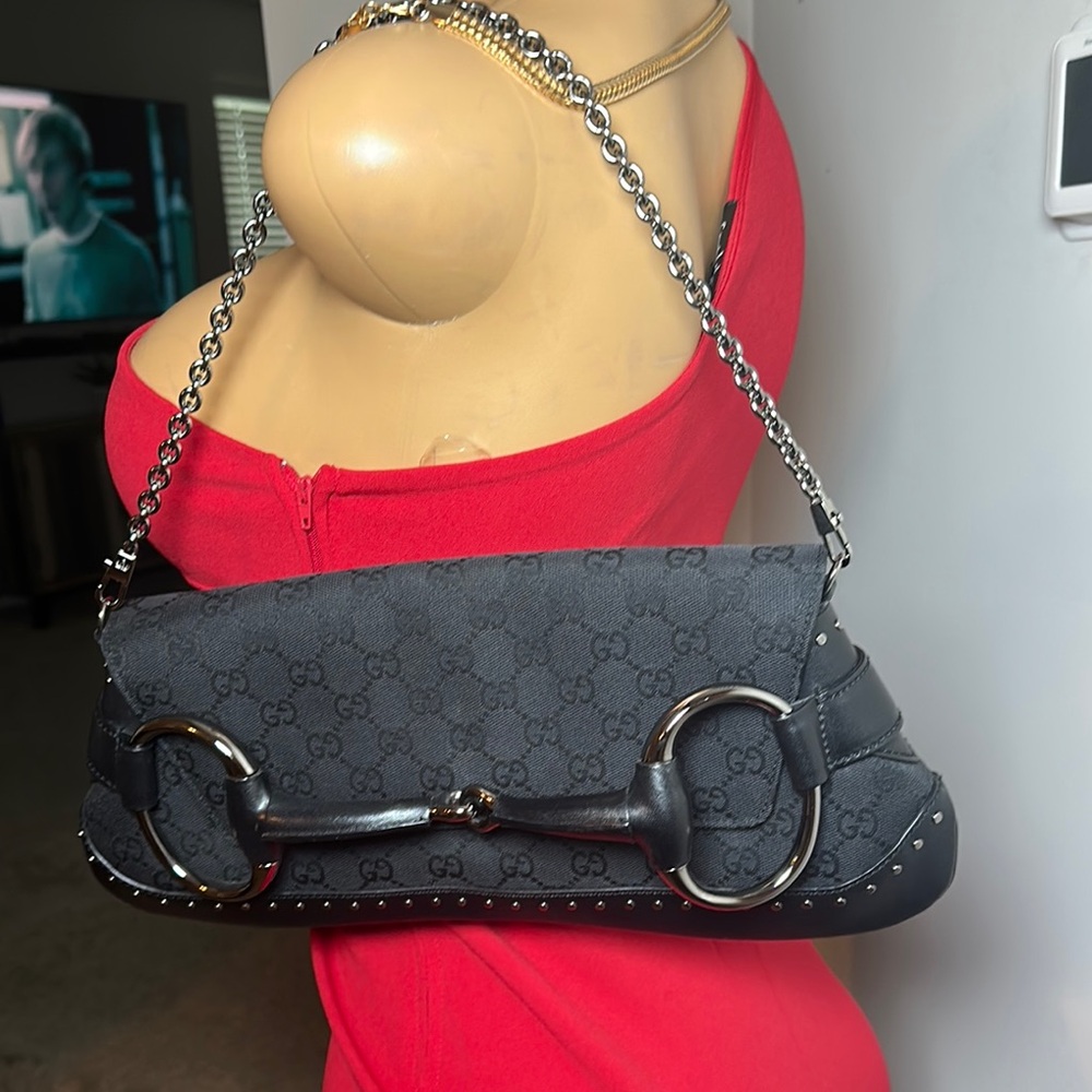 Vintage Gucci Black Horsebit  Monogram Shoulder Bag with Chain Strap - Picture 5 of 9